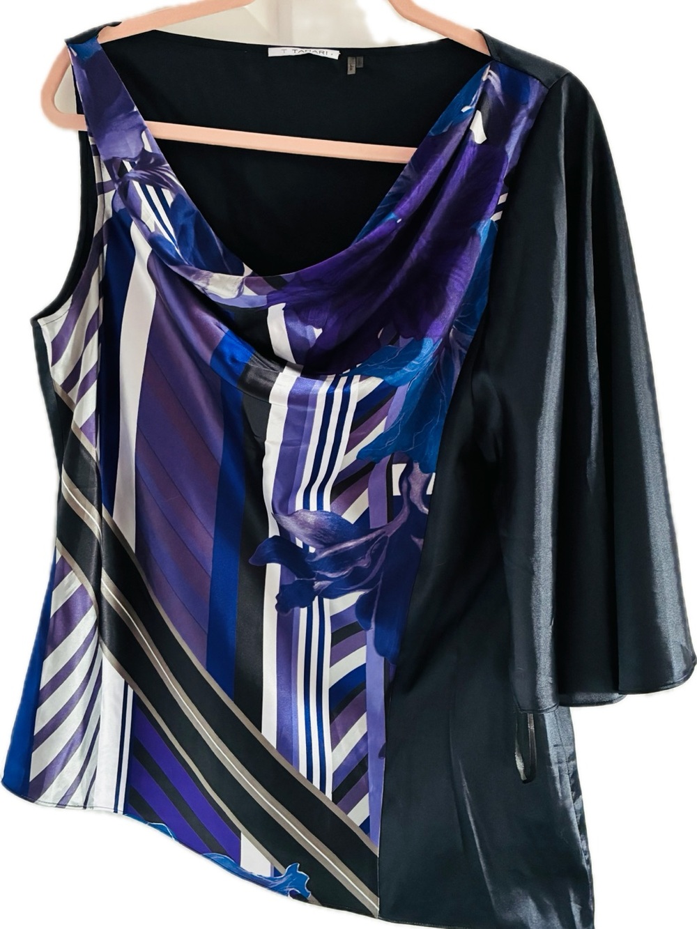 T Tahari Purple Floral & Geometric Asymmetrical Blouse with Draped Neck